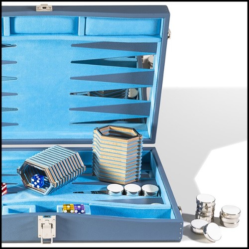Backgammon en cuir grainé véritable avec détails en laiton plaqué nickel et accessoires de jeu 186-Bluesky
