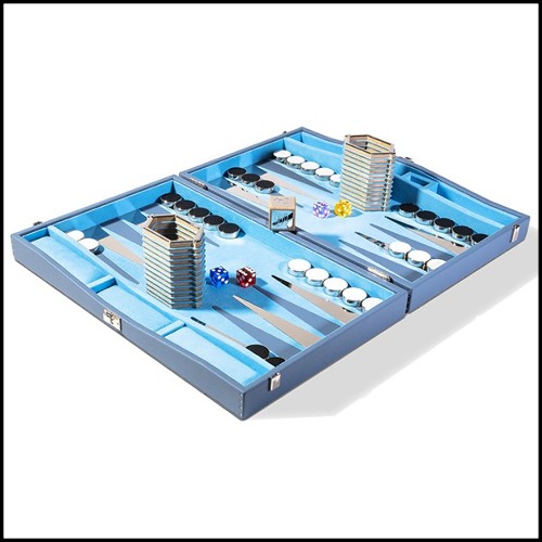 Backgammon in grained leather with nickel-plated brass details and game accessories 186-Bluesky