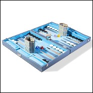 Backgammon in grained leather with nickel-plated brass details and game accessories 186-Bluesky