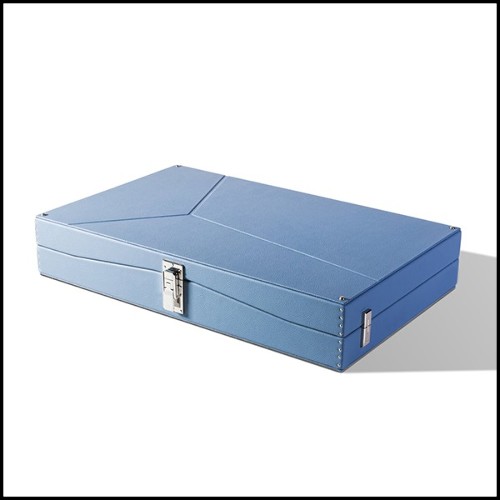 Backgammon in grained leather with nickel-plated brass details and game accessories 186-Bluesky