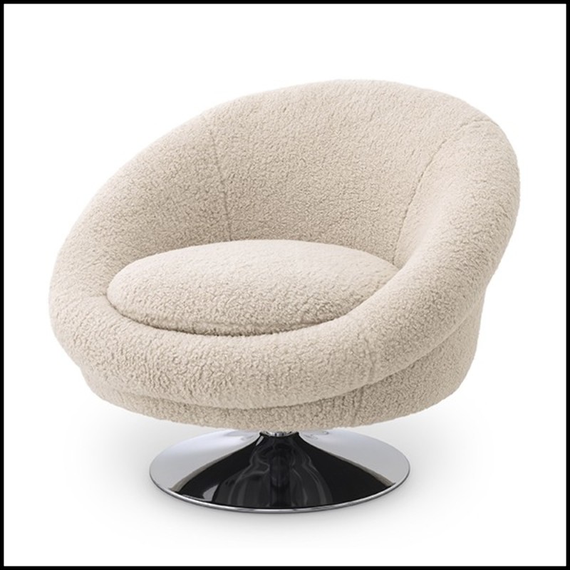 Armchair covered with bouclé cream fabric and nickel finish swivel base 24-Nemo
