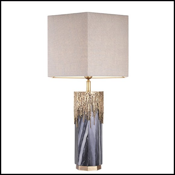 Lampe de table en marbre gris et en laiton avec finition vintage avec abats-jour en lins 24-Miller