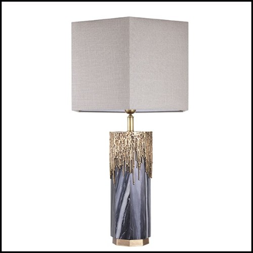 Lampe de table en marbre gris et en laiton avec finition vintage avec abats-jour en lins 24-Miller