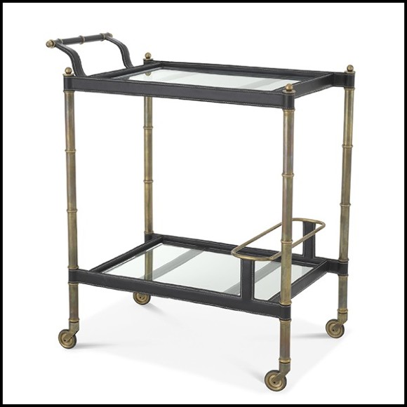 Trolley in stainless steel in vintage brass finish and black leather on wheels with 2 bevelled glass top 24-Princess