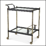 Trolley in stainless steel in vintage brass finish and black leather on wheels with 2 bevelled glass top 24-Princess