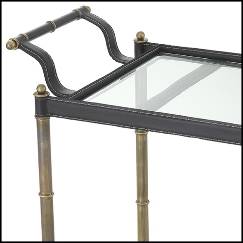 Trolley in stainless steel in vintage brass finish and black leather on wheels with 2 bevelled glass top 24-Princess