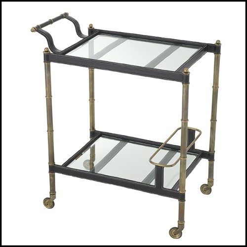 Trolley in stainless steel in vintage brass finish and black leather on wheels with 2 bevelled glass top 24-Princess