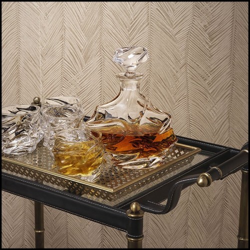 Desserte en métal et finition laiton vintage et cuir noir et 2 plateaux en verre biseauté clair 24-Princess