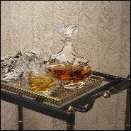 Desserte en métal et finition laiton vintage et cuir noir et 2 plateaux en verre biseauté clair 24-Princess