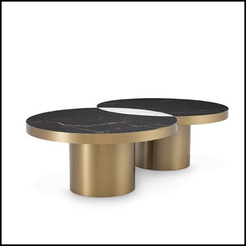 Table basse en bronze finition laiton brossé plateaux en céramique aspect marbré 24-Breakers