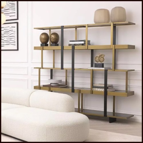 Bibliothèque finition laiton brossé et étagères en verre fumée 24-Mercure