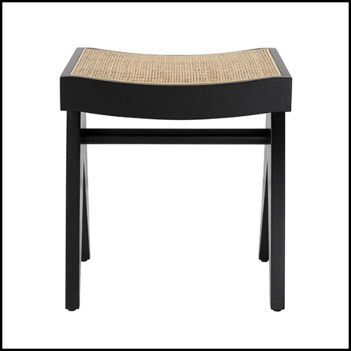 Stool in solid wood classic black finish with handwoven rattan cane seat 24-Arnaud