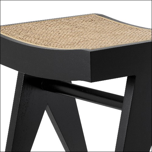 Stool in solid wood classic black finish with handwoven rattan cane seat 24-Arnaud