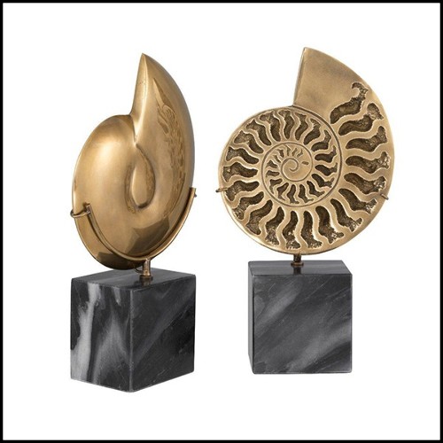 Set de 2 objets décoratifs Ammonite finition laiton antique 24-Ammonite