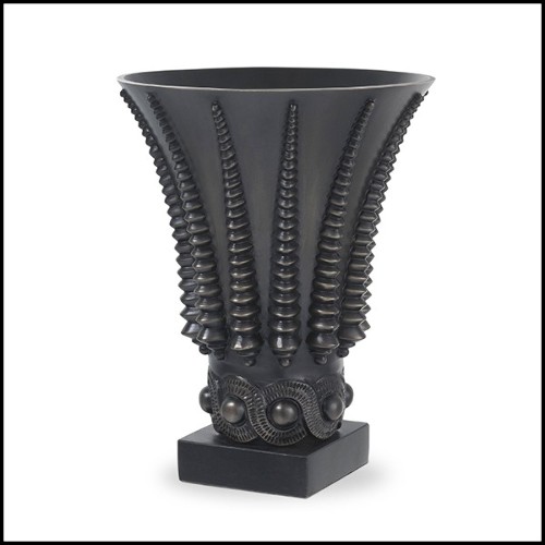 Vase in Art Deco style in brass bronze highlight finish with black granite base 24-Coral