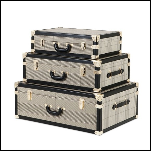 Set de 3 Malles style vintage couvert avec check brown et finition en cuir noir et laiton 24-Bittersweets