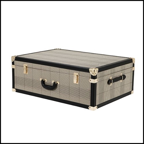 Set of 3 Trunks in vintage style with check brown fabric and black leather with brass finish 24-Bittersweets