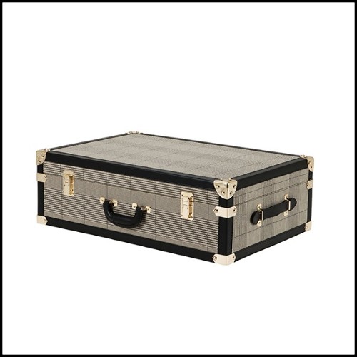 Set of 3 Trunks in vintage style with check brown fabric and black leather with brass finish 24-Bittersweets