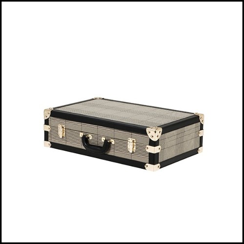 Set of 3 Trunks in vintage style with check brown fabric and black leather with brass finish 24-Bittersweets