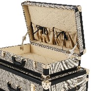 Set of 3 Trunks in vintage style with check brown fabric and black leather with brass finish 24-Bittersweets