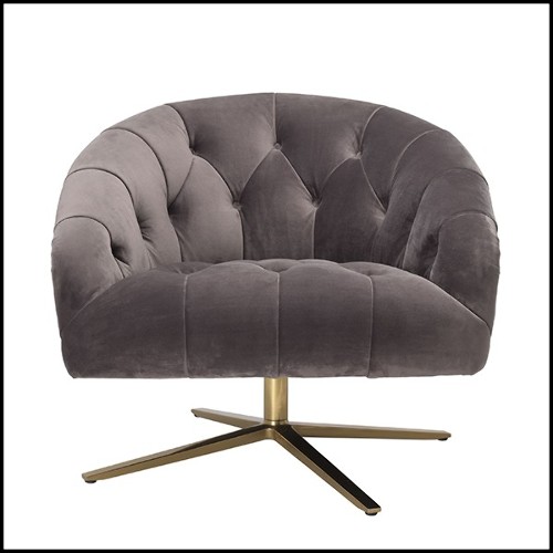 Armchair with swivel base in brushed brass finish and covered with Grey velvet 24-Gardner