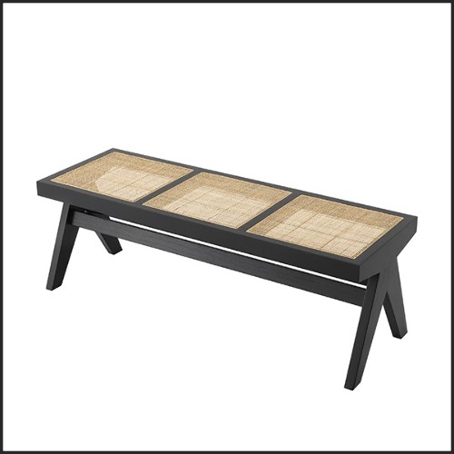 Banc style vintage en bois massif finition classic black et rotin naturel 24-Arnaud