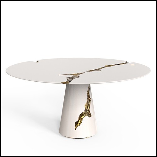 Dining table made in mahogany white lacquered and polished brass 145-Majestic Round White