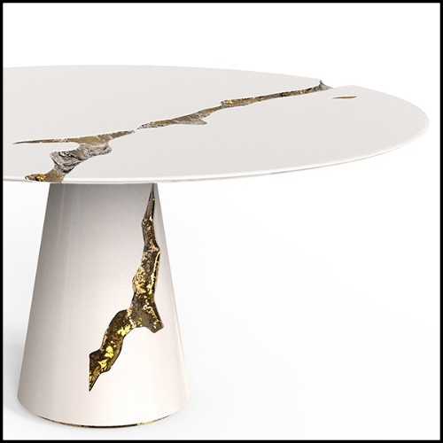 Table à manger en bois d'acajou laquée blanc et laiton poli 145-Majestic Round White