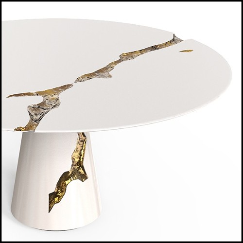 Table à manger en bois d'acajou laquée blanc et laiton poli 145-Majestic Round White