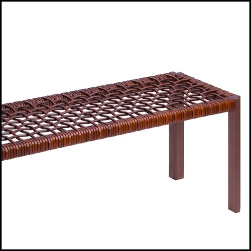 Bench in solid walnut  with enlaced brown leather 189-Enlaced Leather