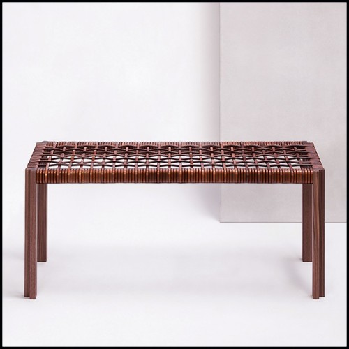 Bench in solid walnut  with enlaced brown leather 189-Enlaced Leather