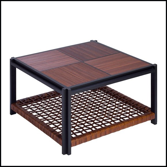 Coffee table in solid walnut with brown leather 189-Enlaced Leather