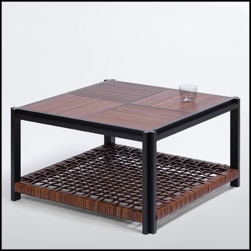 Coffee table in solid walnut with brown leather 189-Enlaced Leather