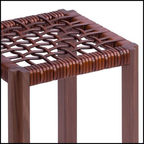 Stool in solid walnut with enlaced brown leather 189-Enlaced Leather