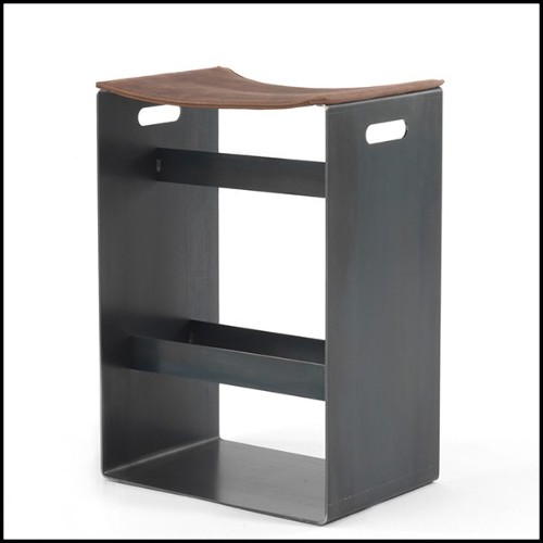 Stool with base in lacquered finish and brown leather 154-Leatheron High