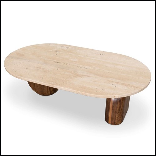Table basse en noyer massif et plateau travertin 157-Tessa Large