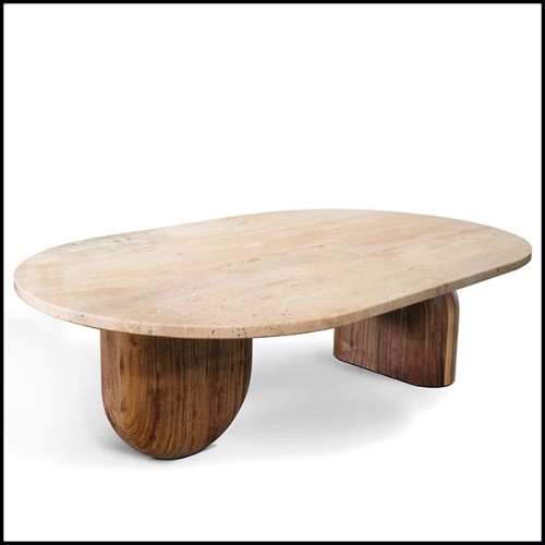 Table basse en noyer massif et plateau travertin 157-Tessa Large