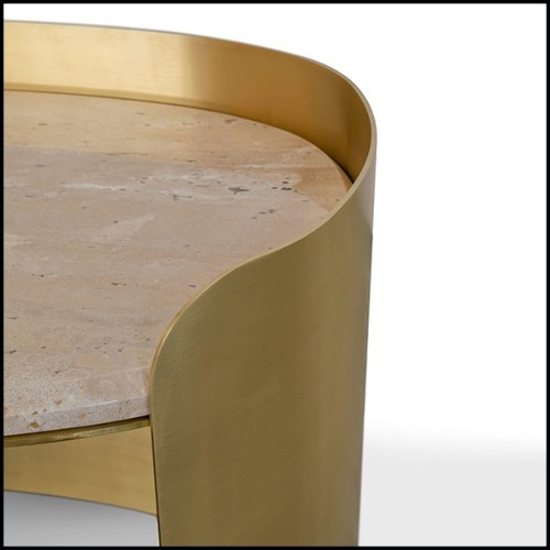 Side Table oval in solid brass aged finish and travertine 157-Curved Brass Oval