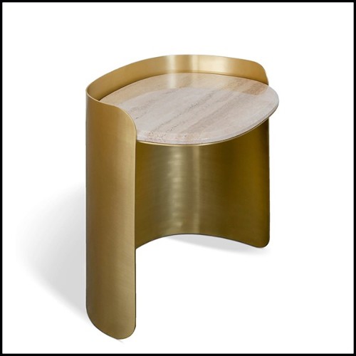 Side Table in aged finish with travertine 157-Curved Brass