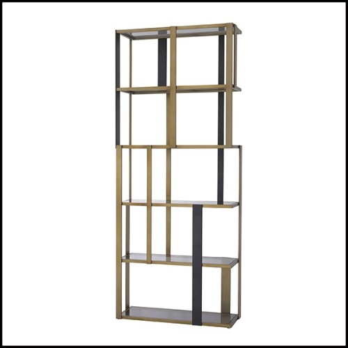 Etagère finition noir mat et laiton brossé avec verre fumée 24-Clio