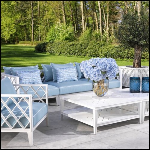Sofa in white finish with cushion in mineral blue Sunbrella 24-Ocean Club