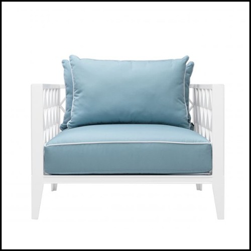 Armchair in white finish with cushions in mineral blue Sunbrella 24-Ocean Club White