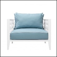 Armchair in white finish with cushions in mineral blue Sunbrella 24-Ocean Club White
