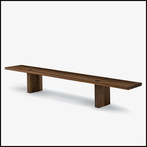 Bench in solid walnut wood with visible square feets fixations on the seat 154-Theos