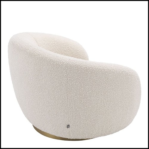 Rotative Armchair Eichholtz Brice with bouclé Cream fabric and base in stainless steel brushed brass finish, back view
