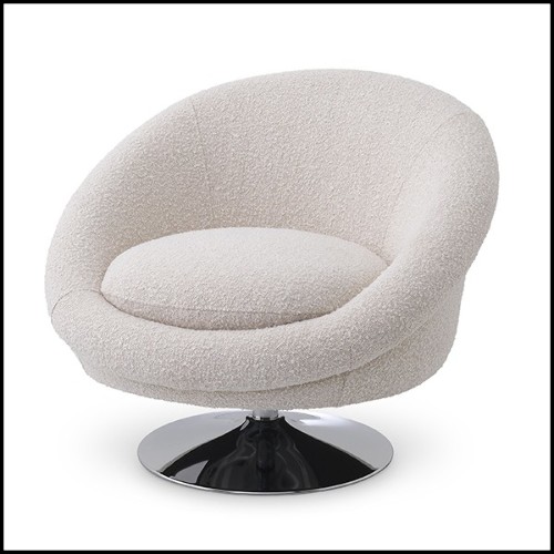 Armchair covered with bouclé cream fabric and nickel finish swivel base 24-Nemo