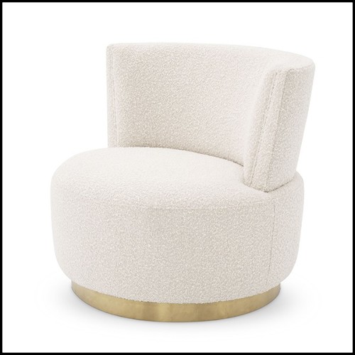 Armchair with brushed brass swivel based and covered with bouclé cream fabric 24-Alonso