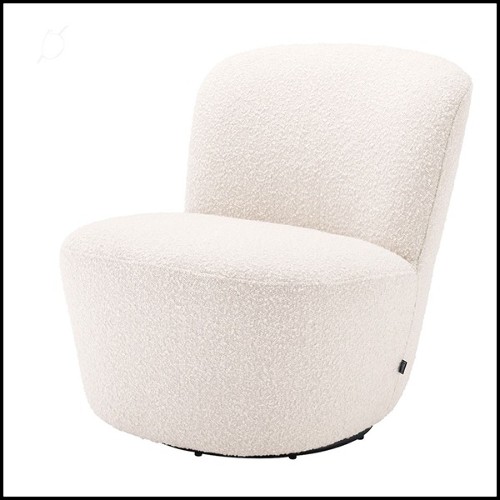 Armchair in boudoir style with swivel base upholstered with boucle cream fabric 24-Doria