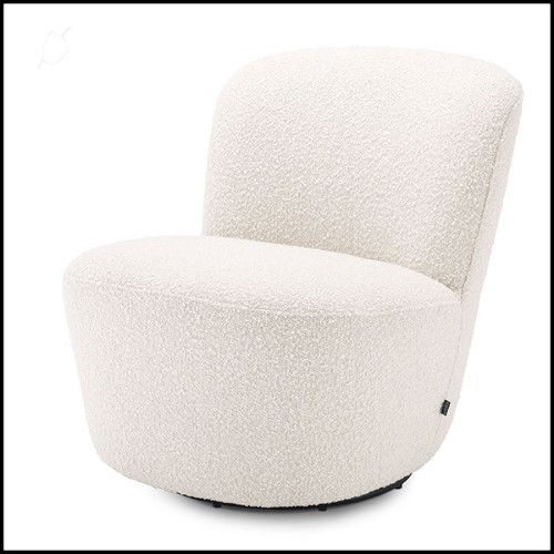 Armchair in boudoir style with swivel base upholstered with boucle cream fabric 24-Doria