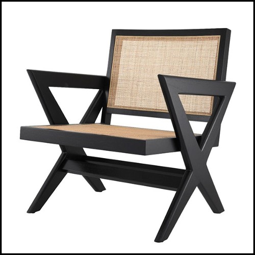 Armchair in solid wood with classic black finish and rattan 24-Augustin